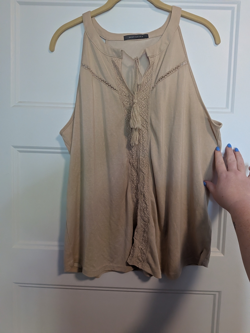Suzy Shier Boho Hippie Beige Sleeveless Tassel Front Tank Top